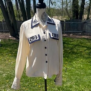 Cream Button-Up Blouse with Navy Trim